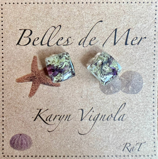 Boucles d’oreilles carrées lichen et fleur de bleuet