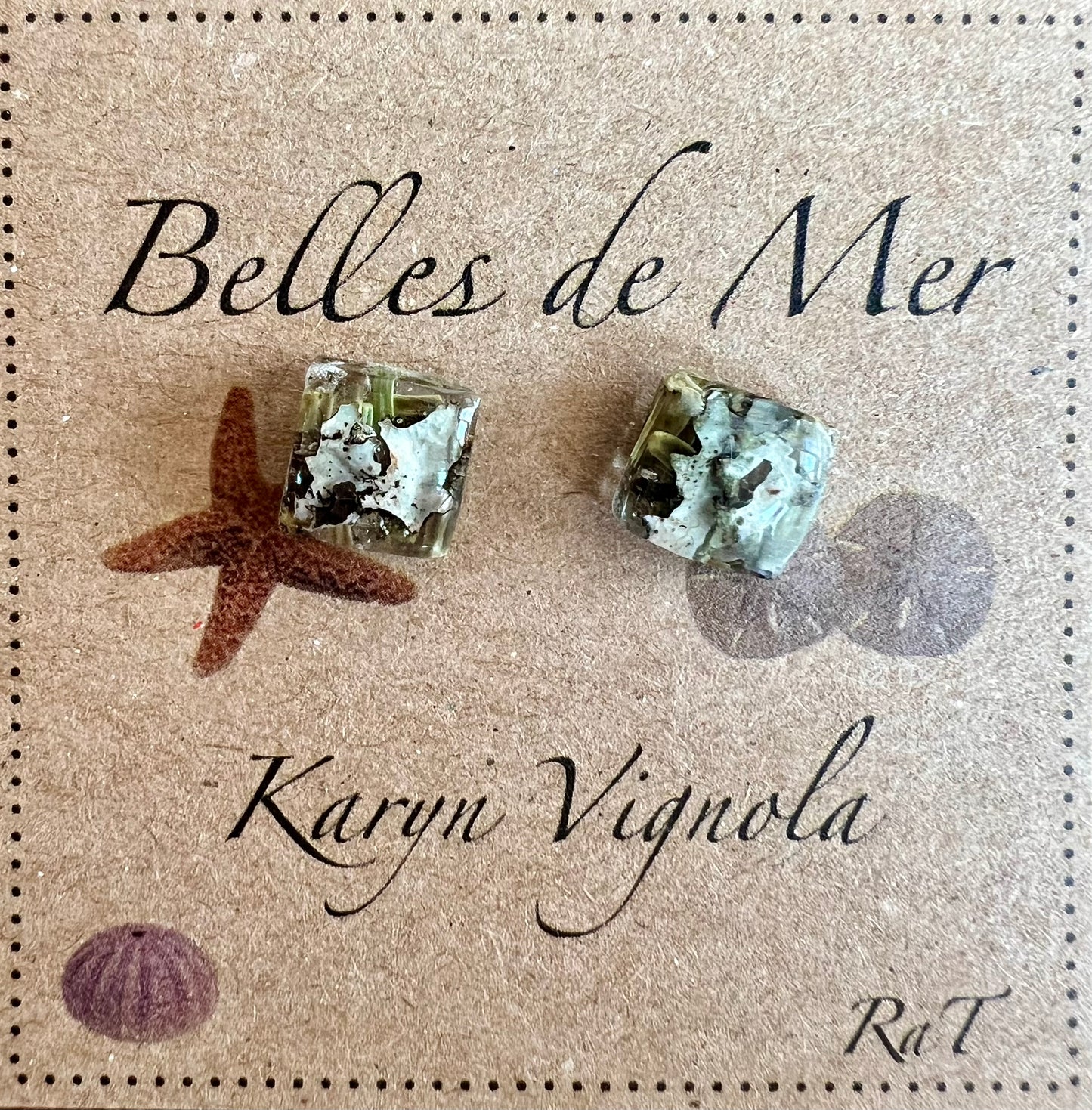 Boucles d’oreilles carrées lichen et aiguilles de sapin