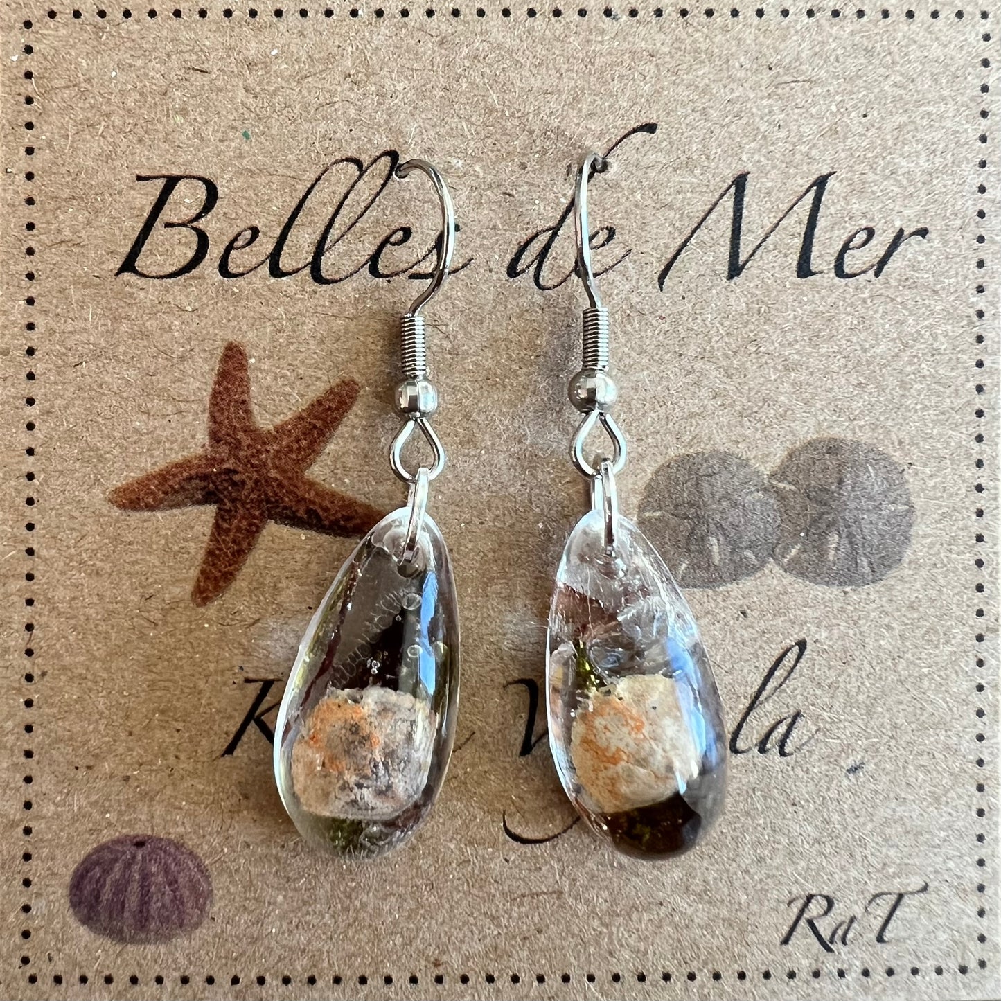 Boucles d’oreilles carapace de crabe et algues