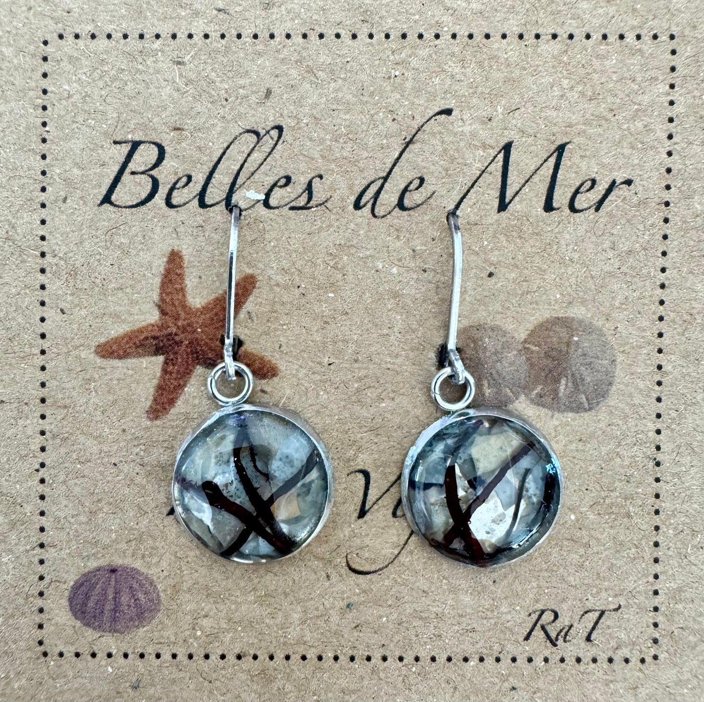 Boucles d'oreilles nacre de moules et algues rouges