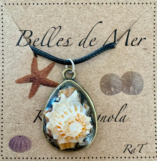 Pendentif nautilus, morceaux de coquillages de pétoncles et algues rouges