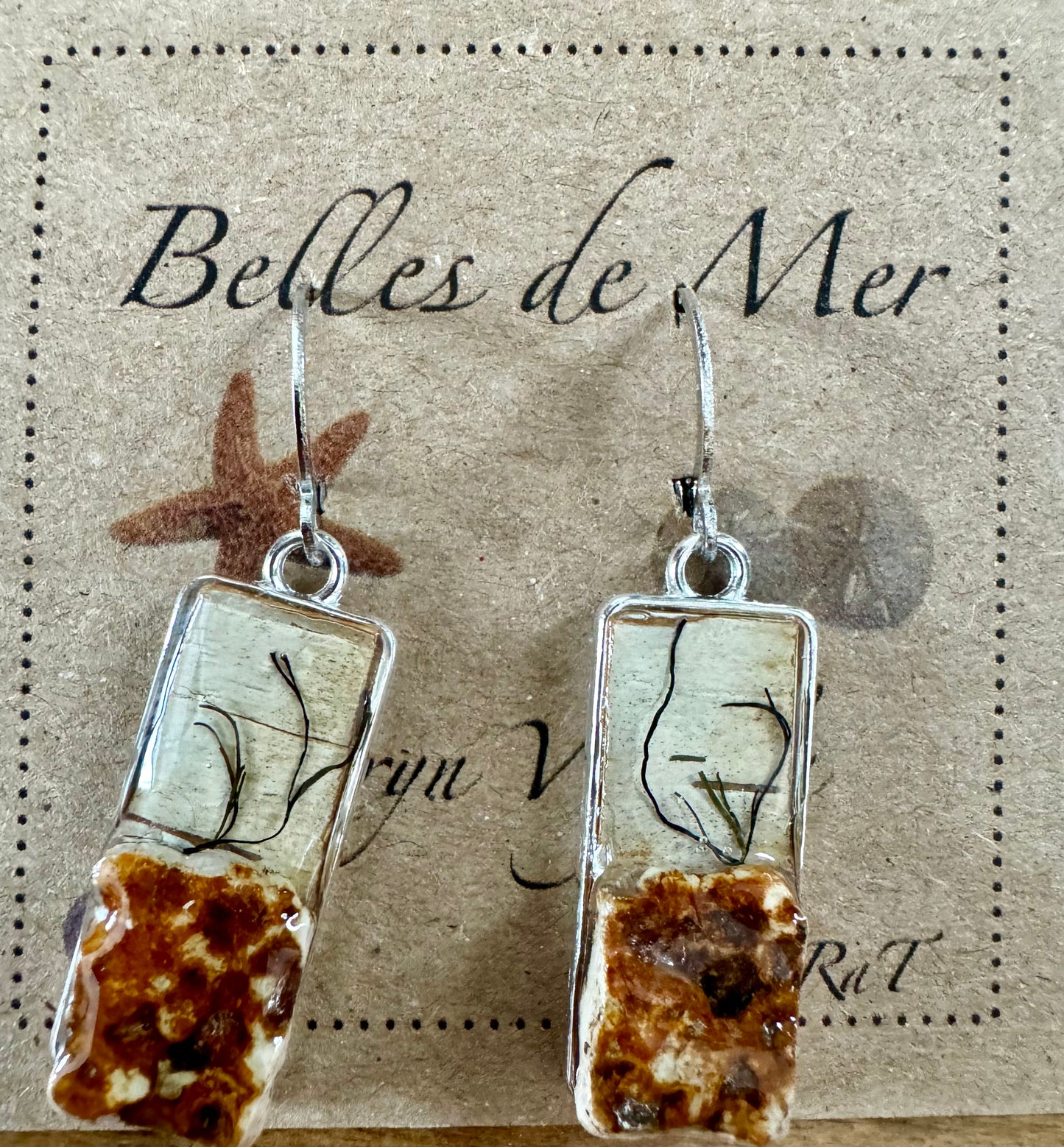 Boucles d'oreilles corail, algues et écorce de bouleau