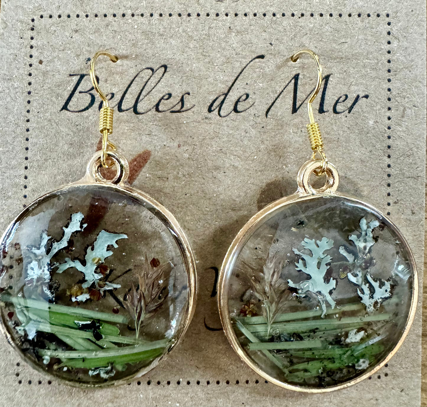 Boucles d'oreilles aiguilles de pin, sapin, lichen, foin et petite oseille