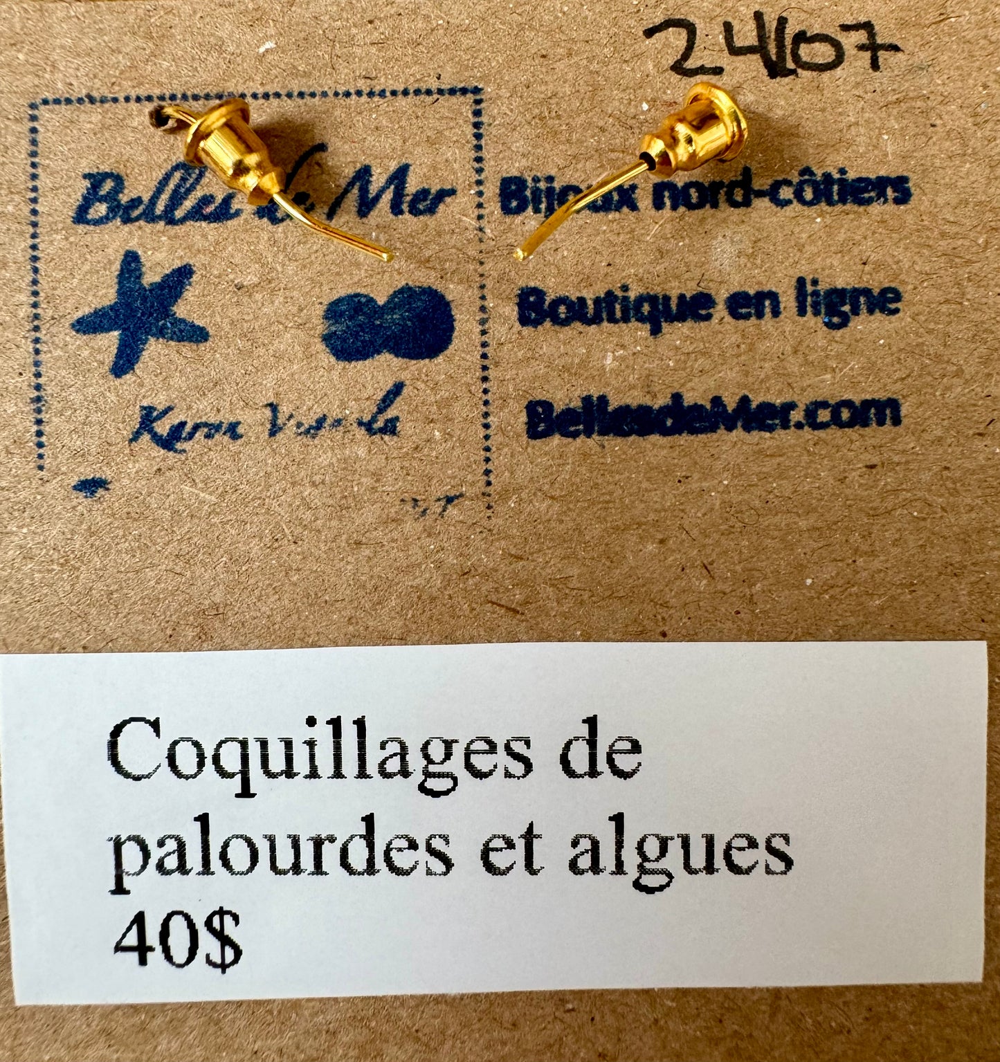 Boucles d'oreilles coquillages de palourdes et algues