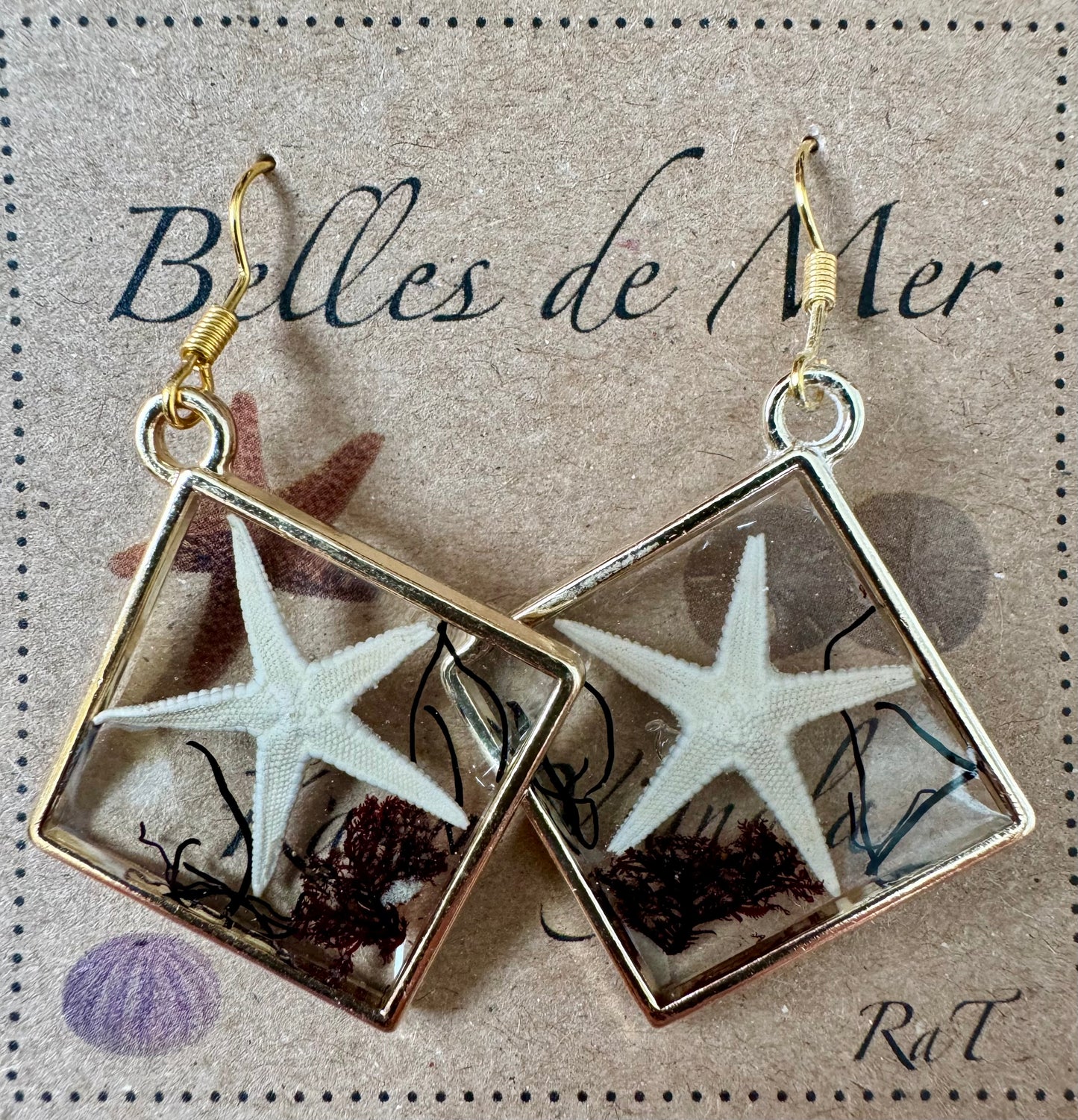 Boucles d'oreilles étoiles de mer et algues rouges