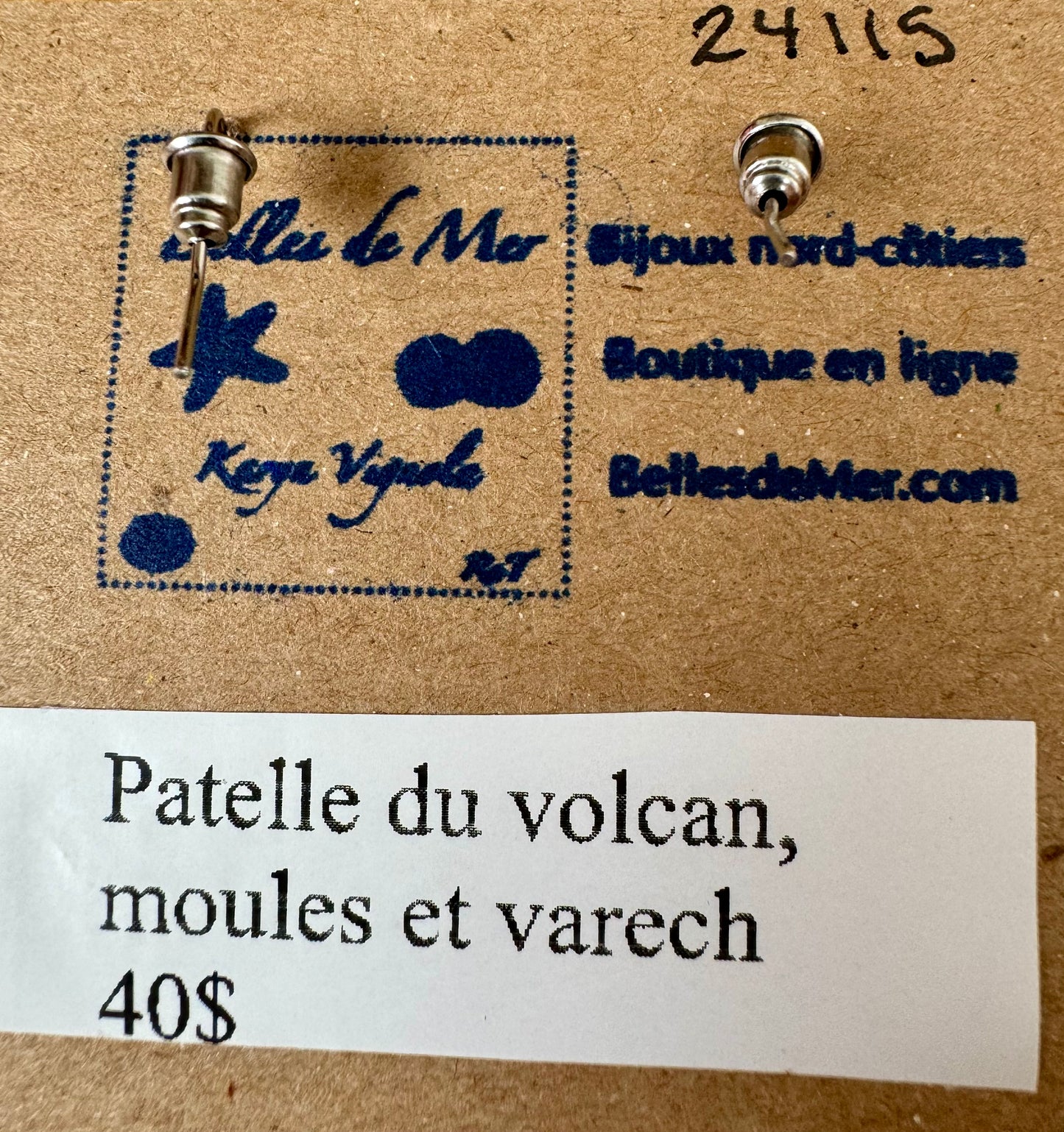 Boucles d'oreilles patelle du volcan, moules et varech