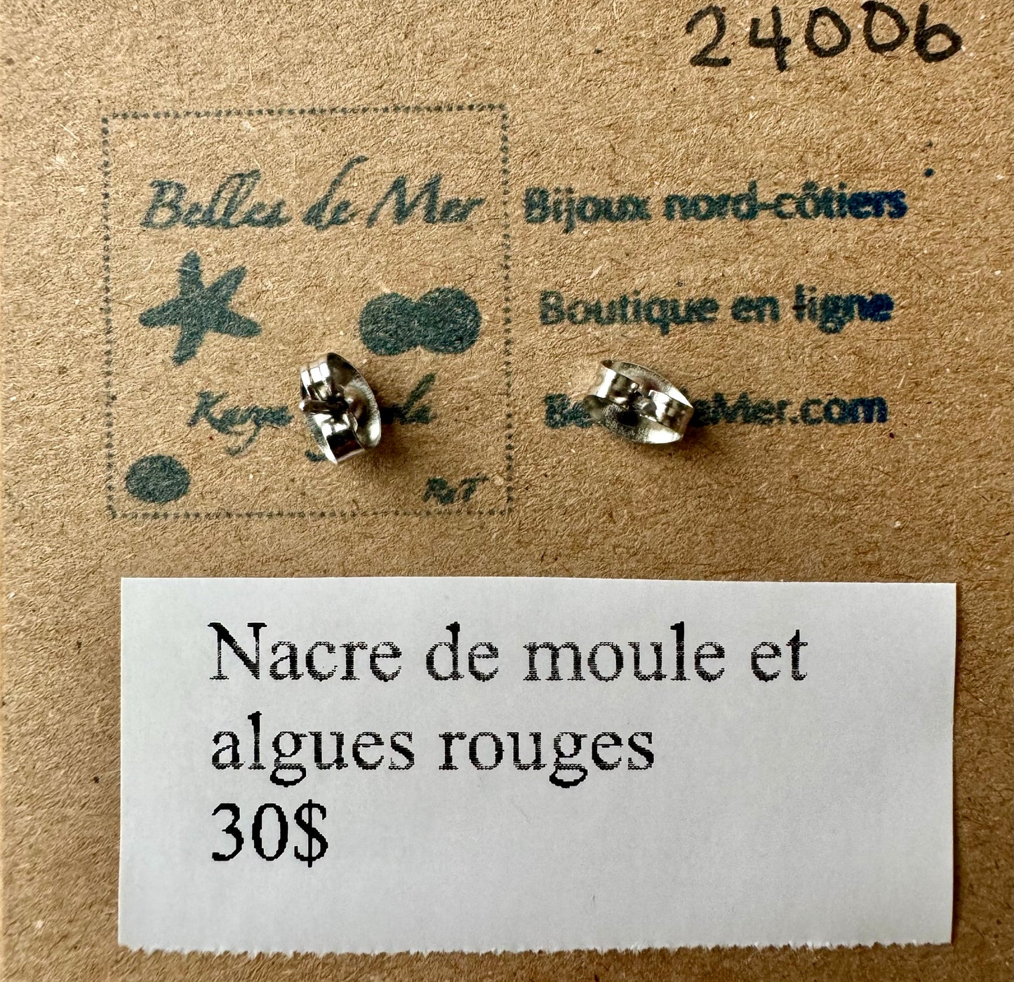 Boucles d'oreilles nacre de moule et algues rouges