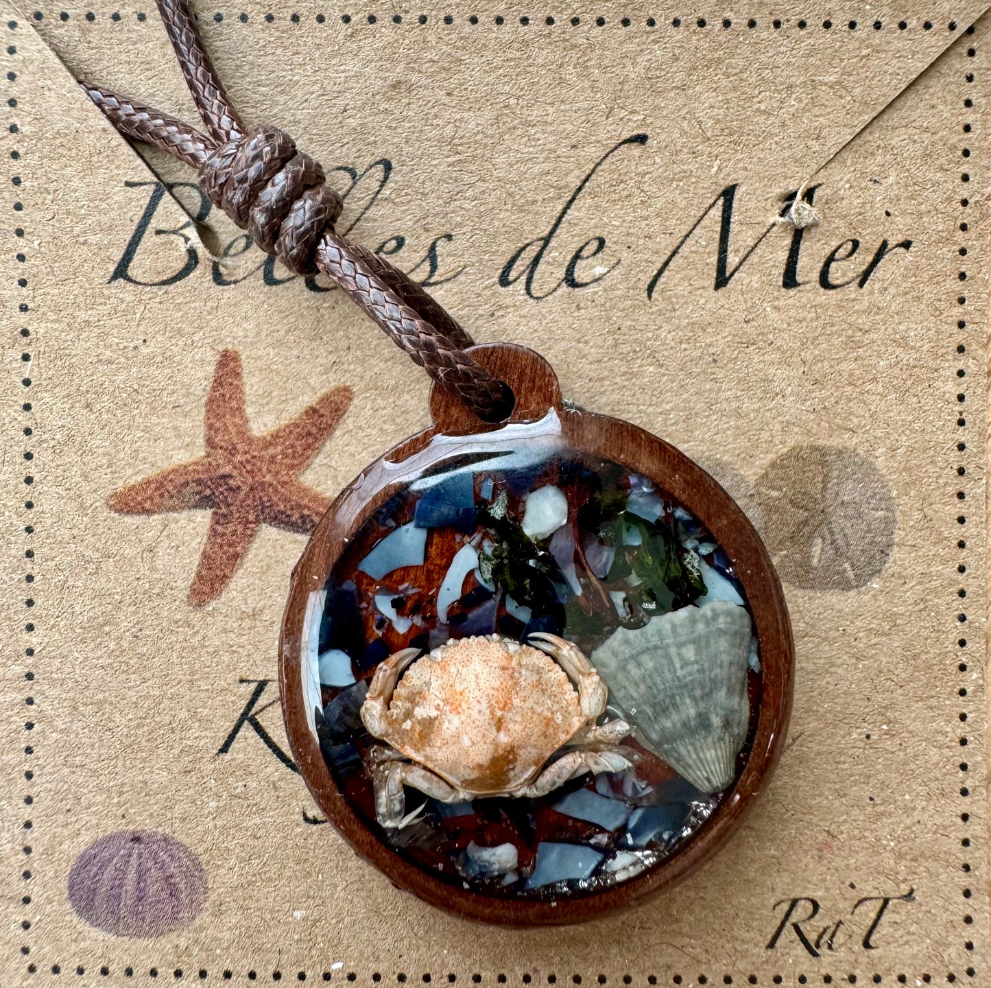 Pendentif crabe, balane et nacre de moules