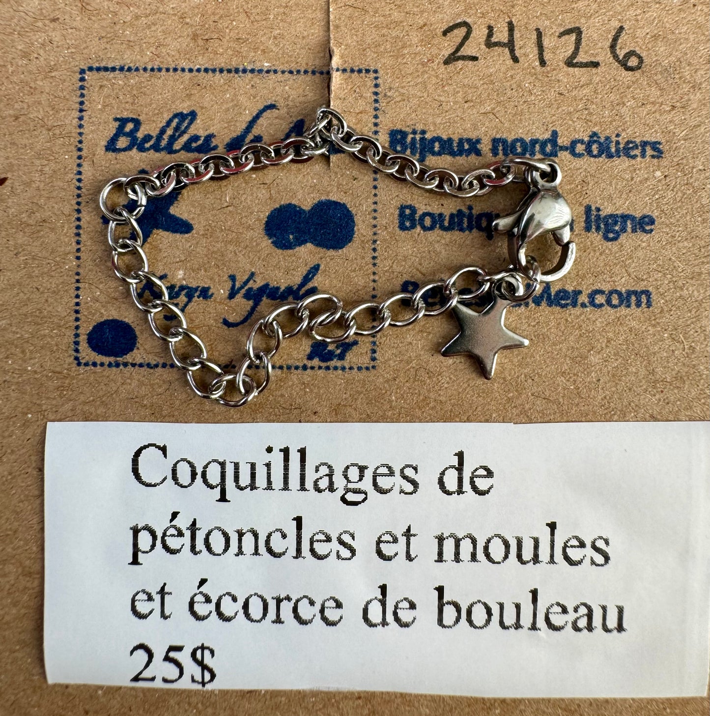 Bracelet coquillages de pétoncles et moules et écorce de bouleau