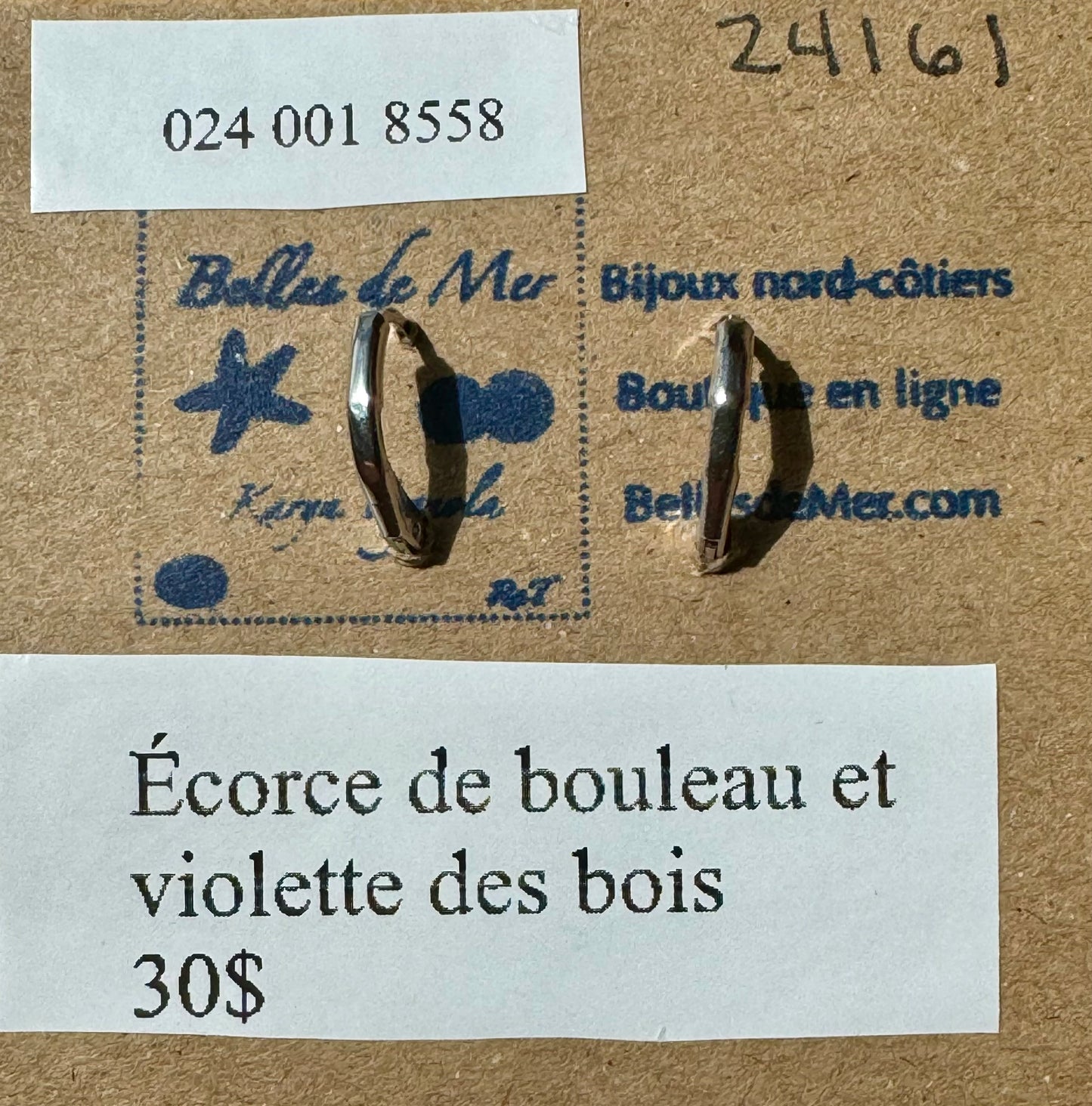 Boucles d'oreilles écorce de bouleau et violette des bois